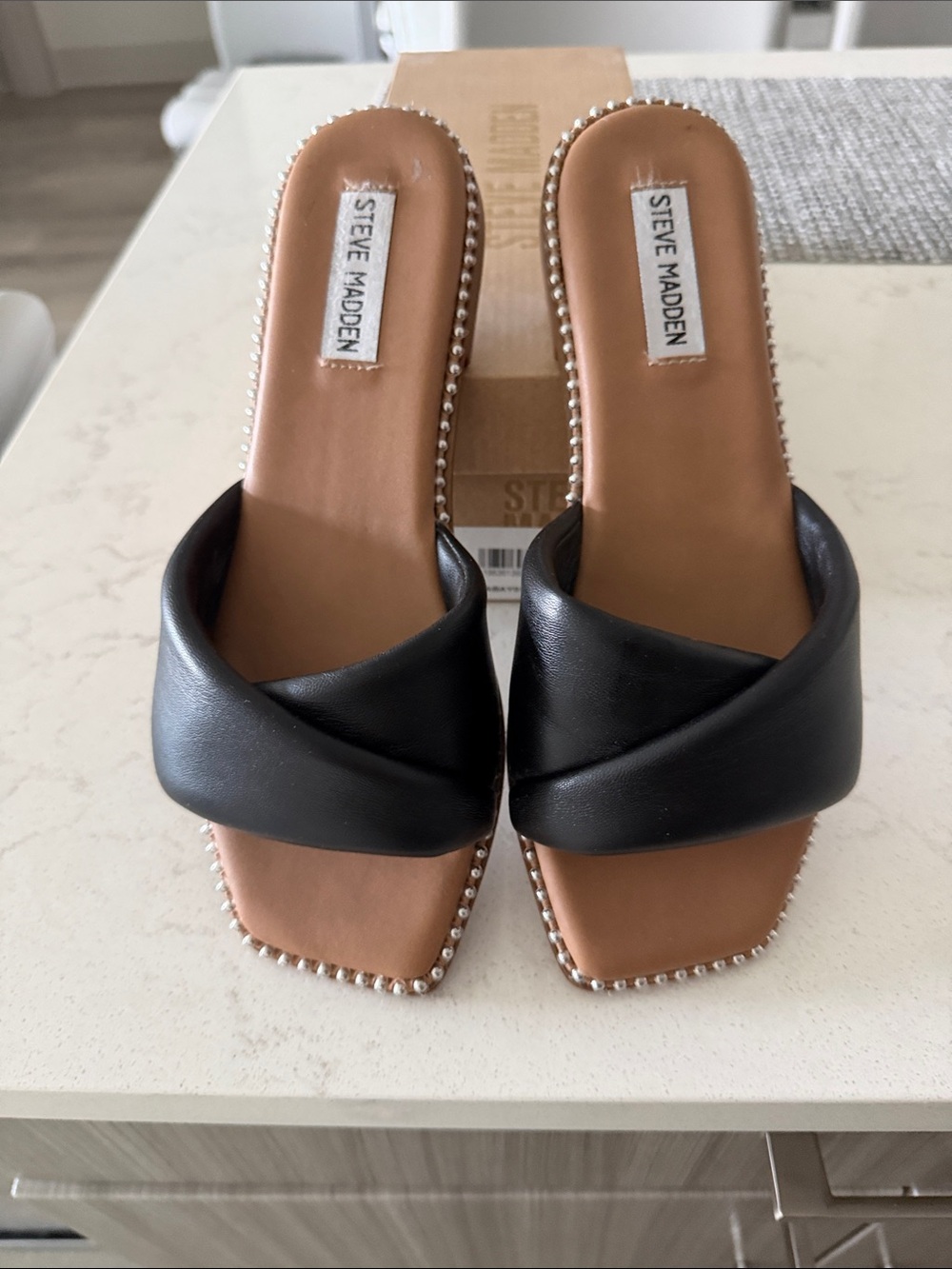Steve Madden Black Leather Crossover Mule Slides with Silver Stud Trim
